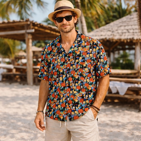 Flax Other - FLAX Black Short-Sleeve Button-Down Shirt Multicolor Floral Print Rayon Sz Small
